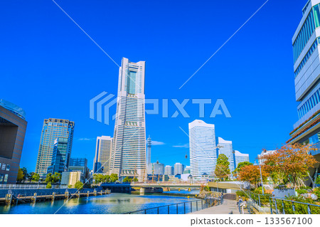 Yokohama cityscape, Japan, November 26th. In front of Sakuragicho Station. Views of Yokohama Landmark Tower and Nippon Maru. Towards tomorrow 133567100