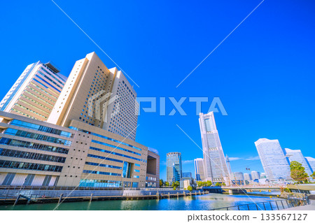 Yokohama cityscape, Japan, November 26th. In front of Sakuragicho Station. Views of Yokohama Landmark Tower and Nippon Maru. Towards tomorrow 133567127