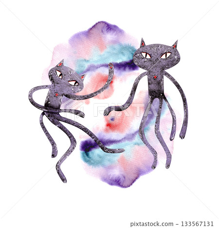 Watercolor children's illustration with two space cartoon purple cats in space on a light blurred background. 133567131