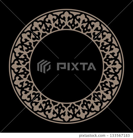 Oriental gold round frame with arabesques and floral elements. Template for laser cutting. Elegant element for design in Eastern style, place for text. Floral black border. Vector illustration 133567183