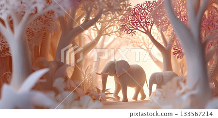 Mysterious landscape of an elephant standing in the forest (3D) / Mamio Design Healing Animal Series 133567214