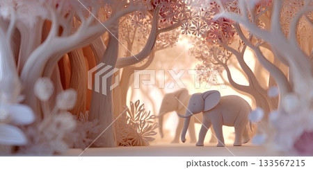 Mysterious landscape of an elephant standing in the forest (3D) / Mamio Design Healing Animal Series 133567215
