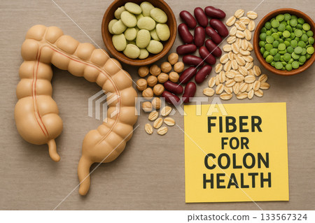 Anatomical colon model beside legumes, grains, and note about fiber for colon health. concept for digestive wellness, nutrition, and gut health with healthy food 133567324