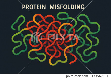 Protein misfolding concept illustration showing tangled polypeptide chain. This biology and biochemistry graphic represents cellular stress and disorder with heat map color scheme Protein misfolding concept illustration showing tangled polypeptide chain. This biology and biochemistry graphic represents cellular stress and disorder with heat map color scheme 133567361