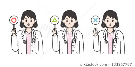插圖描繪了一位女醫生展示正確答案、注意事項和錯誤答案。 插圖描繪了一位女醫生展示正確答案、注意事項和錯誤答案。 133567797