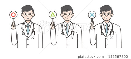 圖解：一位男醫生展示正確答案、注意事項和錯誤答案。 133567800