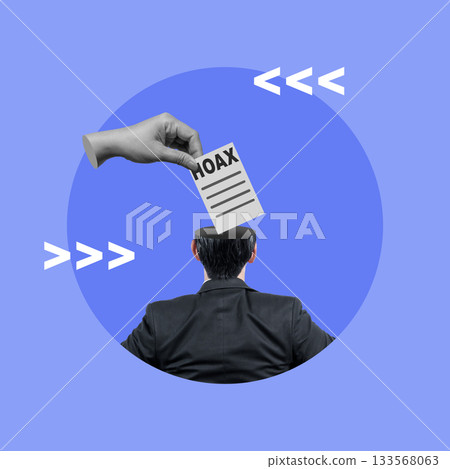 Human hand is placing a paper with HOAX into a businessman open head on a colored background. Concept of fake news. Collage art Human hand is placing a paper with HOAX into a businessman open head on a colored background. Concept of fake news. Collage art 133568063