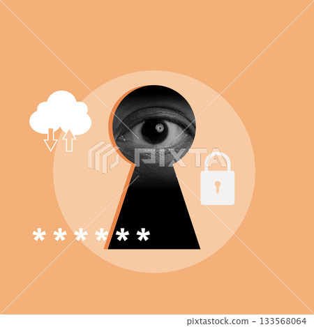 Eye peeking through a keyhole with a colored background. Concept of security. Collage art 133568064