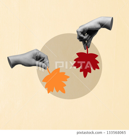 Human hand holding autumn leaves with a colored background. Autumn season. Collage art 133568065
