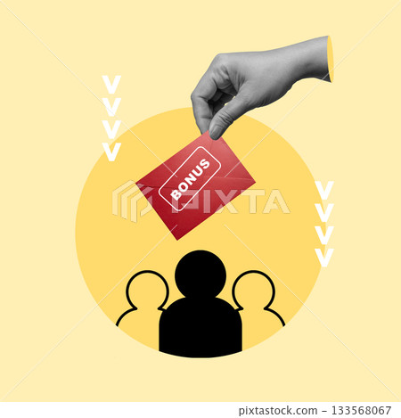 Human hand holding a red envelope with the word BONUS on it with a colored background. Concept of Bonus. Collage art Human hand holding a red envelope with the word BONUS on it with a colored background. Concept of Bonus. Collage art 133568067