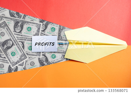 Yellow paper plane with text of profit and dollar bills. Concept of business profit, financial growth, investment, and success 133568071