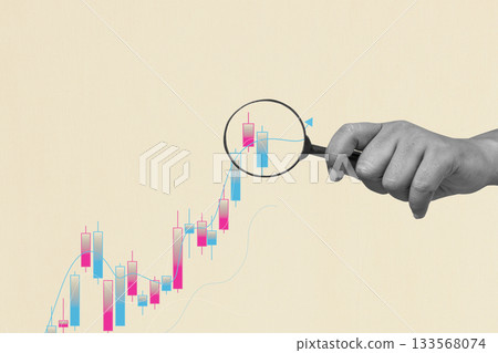 Human hand holding a magnifying glass over a candlestick of a financial chart. Concept of business profit, financial growth, investment, and success. Collage art 133568074