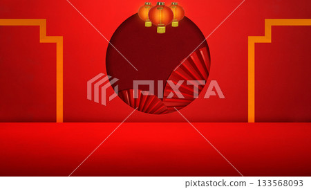 Red Chinese lantern with red folding fan on a colored background. Mockup, template, or copy space. Decoration for Lunar or Chinese New Year celebration 133568093
