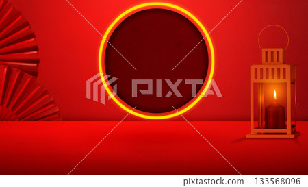 Red lantern with red Chinese folding fan on a colored background. Mockup, template, or copy space. Decoration for Lunar or Chinese New Year celebration 133568096