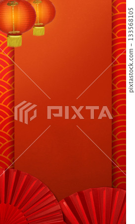 Red Chinese lantern with red folding fan on a colored background. Mockup, template, or copy space. Decoration for Lunar or Chinese New Year celebration 133568105
