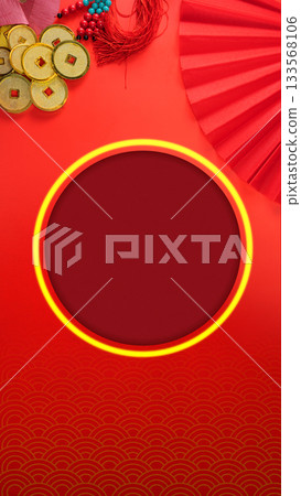 Folding fan with red envelopes or angpao and golden Chinese coins on a red background. Mockup, template, or copy space. Decoration for the Lunar or Chinese New Year celebration Folding fan with red envelopes or angpao and golden Chinese coins on a red background. Mockup, template, or copy space. Decoration for the Lunar or Chinese New Year celebration 133568106