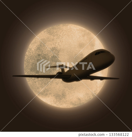 Airplane flying in front of a full moon with a night scene background. Concept of travel, vacation, and transportation 133568122