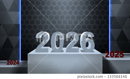 White podium displays the year 2026 in the center between the years 2024 and 2025 with a textured geometric pattern background. Happy New Year concept or Celebration 133568148
