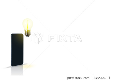 Cellphone with a glowing lightbulb on a white background. Mockup or Copy space. Concept of Business new idea or innovation Cellphone with a glowing lightbulb on a white background. Mockup or Copy space. Concept of Business new idea or innovation 133568201