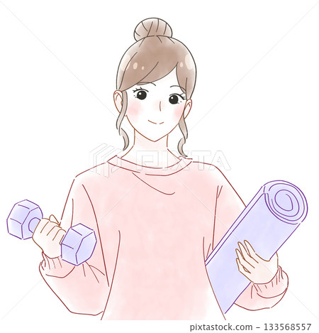 Woman with dumbbells and yoga mat watercolor illustration 133568557