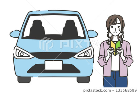 Illustration of a woman in a car and a beginner driver who feels anxious about driving 133568599