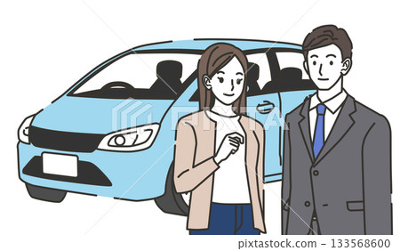 Illustration of a man and woman guiding car purchases 133568600