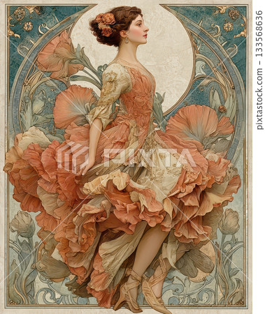 Elegant woman in floral dress with intricate design and soft colors 133568636