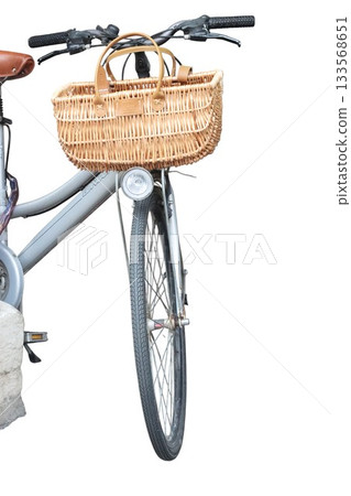 Bicycle with wicker basket on white background 133568651