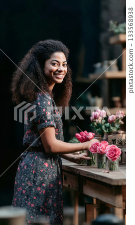 Smiling african american curly-haired saleswoman with arranging vibrant roses and tulips in glass vases in flowers store and looking at the camera. 133568938