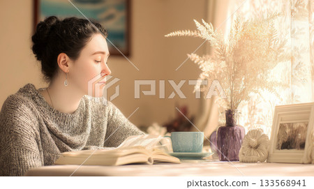 Caucasian woman reflecting quietly at her writing desk with a journal and tea. Sad atmosphere during of a psychotherapy session. Soft afternoon light. 133568941