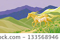 Przewalski's horse and her foal gallop freely across the beautiful endless steppe with green grass. Tall dark mountains can be seen in the distance. 133568946