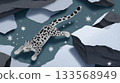 Illustration depiction of a snow leopard leaping across ice-covered boulders. Ice and rock forms and spare snowflakes on the background. Endangered. 133568949