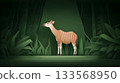 Stylized illustration okapi is standing amid lush tropical foliage with vivid botanical accents. Leaves and vines frame the realistic shape okapi. 133568950
