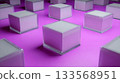 Glass 3D cubes with reflective surfaces are standing on a matte pink plane, surreal and orderly. Ambient global lighting with clear reflections. 133568951