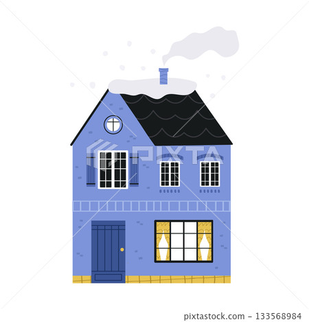 Cozy Winter House Facade Illustration with Snow-Covered Roof and Glowing Windows 133568984