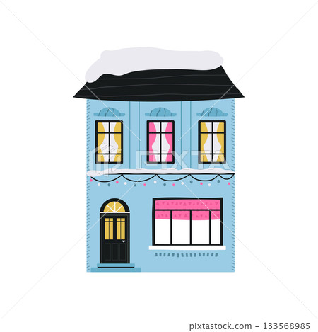 Winter Holiday Building Facade Illustration with Snow-Covered Roof and Cozy Interior Lights 133568985