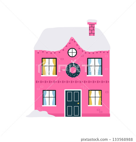 Cute Cartoon Pink Christmas House Facade with Snow, Wreath, Lights, and Black Door Cute Cartoon Pink Christmas House Facade with Snow, Wreath, Lights, and Black Door 133568988