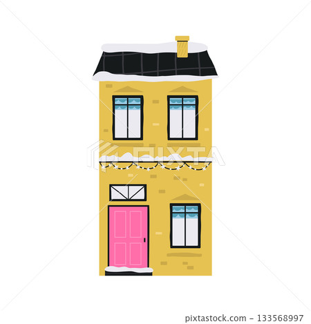 Cute Cartoon Yellow Christmas House Facade with Pink Door, Snow, and Festive Lights. Cute Cartoon Yellow Christmas House Facade with Pink Door, Snow, and Festive Lights. 133568997