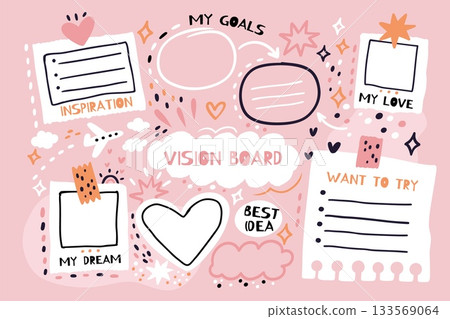 Blank vision board. Mood and dreams notes template, to do list, goals planner, inscriptions place, notebook sheet template, doodle collage style, cartoon flat isolated garish vector set 133569064