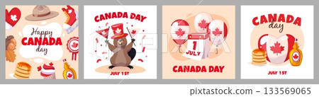 Canada day cards. National holiday celebrating, 1 july, traditional symbols, food, animals, red maple leaf, north america, invitation banner design, classy vector cartoon isolated set 133569065