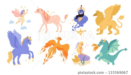 Cartoon mythical creatures. Fabulous characters, fairytale animals and people, jin, fairy, dragon, legendary folklore phoenix and pegasus, mermaid and unicorn garish vector isolated set 133569067