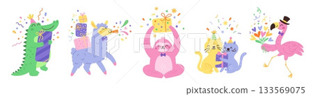 Cute party animals. Funny holiday fauna characters with gifts, poppers, confetti and bouquet, kids birthday celebrations, sloth, kitty and crocodile, cartoon isolated garish vector set 133569075