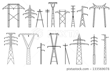 Electric poles. Different types voltage pylons with wires, electric lines, energy transmission, high voltage tower constructions, equipment qualitative vector black silhouette isolated set Electric poles. Different types voltage pylons with wires, electric lines, energy transmission, high voltage tower constructions, equipment qualitative vector black silhouette isolated set 133569078