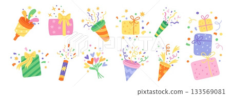 Festive party elements. Birthday celebration decorations, firecrackers, poppers with confetti, gifts in patterned wrapper, doodle isolated elements. New Year and Christmas garish vector set 133569081