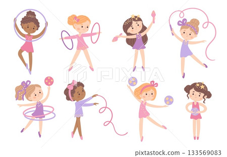 Girls gymnasts. Little athletes with hoops, ribbons, balls and clubs, rhythmic gymnastics kids characters performance, sport exercises, young acrobats, cartoon isolated garish vector set 133569083