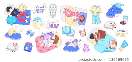Good night cute elements. Sleeping little children, funny kids in beds, boys, girls in pajamas with soft toys, happy dream kawaii baby character, cartoon flat isolated tidy vector set 133569085