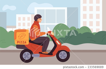 Pizza delivery guy. Man on scooter rides through city, fast food in trunk, motorcycle, round clock delivery service, courier rides motorbike cartoon flat isolated garish vector concept Pizza delivery guy. Man on scooter rides through city, fast food in trunk, motorcycle, round clock delivery service, courier rides motorbike cartoon flat isolated garish vector concept 133569089