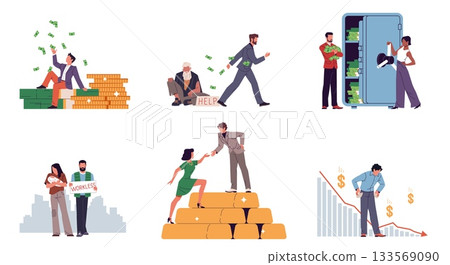 Poor and rich people. Different salary, billionaire, homeless family, gold coins and bullion, green banknotes, material values. Business bankrupt. Nowaday vector cartoon flat isolated set Poor and rich people. Different salary, billionaire, homeless family, gold coins and bullion, green banknotes, material values. Business bankrupt. Nowaday vector cartoon flat isolated set 133569090