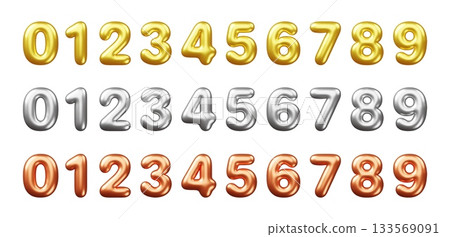 Realistic 3d metal numbers. Silver, gold and copper signs, steel helium balloons, decorative birthday party typography, rounded shapes, metallic celebration elements, classy vector isolated set 133569091