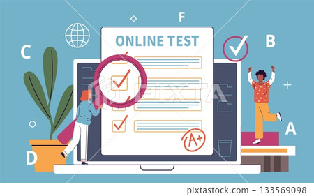 Successful test completion. Modern education, students take online exam, choosing right option, happy people rejoice, huge computer and tiny people cartoon nowaday vector concept 133569098